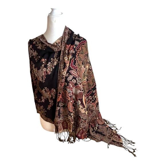 Vintage Black Earth Tones Paisley Pashmina Shawl Scarf with Fringe Tassels - Picture 3 of 5